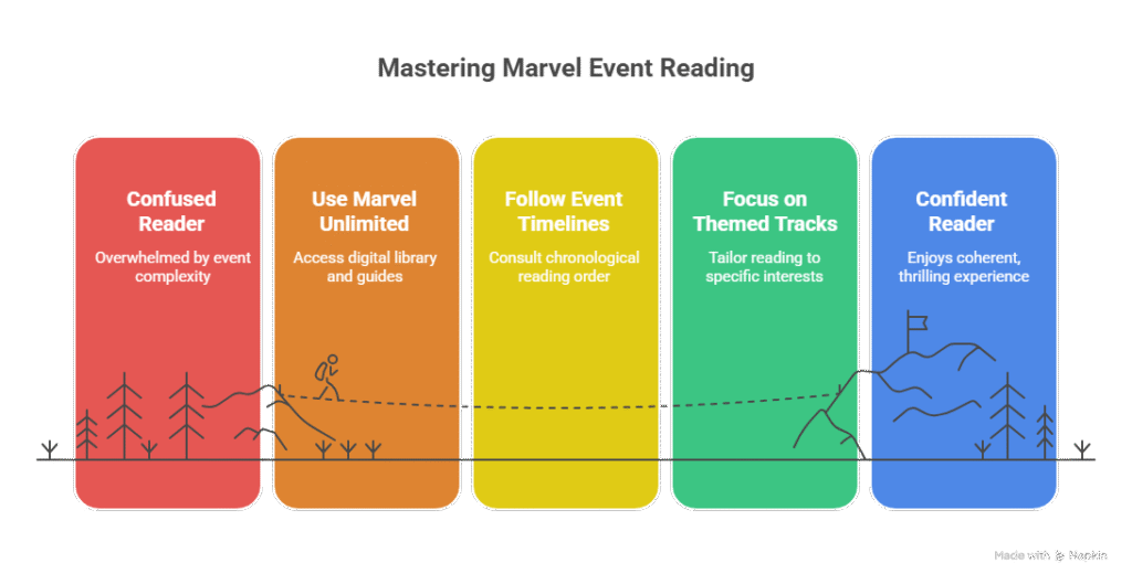 Infographic showing five stages of becoming a confident Marvel reader: Confused Reader, Use Marvel Unlimited, Follow Event Timelines, Focus on Themed Tracks, and Confident Reader. Each stage is represented as a colorful vertical block with minimalist icons and a rising progress line, visually guiding readers through the process of navigating Marvel crossover events.