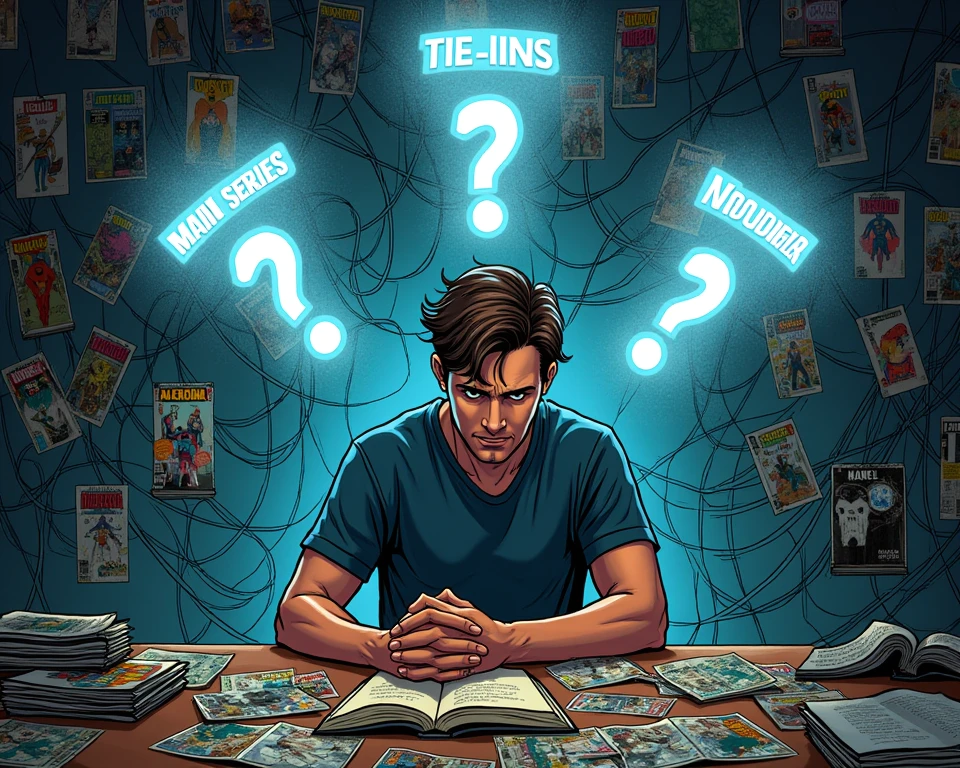 Batman Comic Reading Order (Ultimate Beginner Timeline) 2 Illustration of a young man sitting at a table covered with comic books, looking intensely at an open issue. Glowing question marks appear above him labeled “Main Series,” “Tie-Ins,” and “No Order?” while webs of comic covers float behind him on the wall.