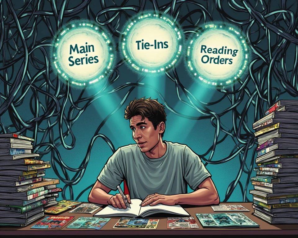Illustration of a young man sitting at a table covered with comic books, looking intensely at an open issue.