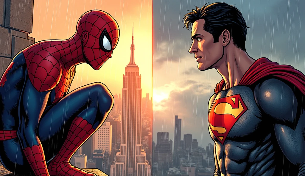 Comic-style split-screen artwork showing Marvel vs dc heroes—Spider-Man crouched on a rainy NYC rooftop, spider man. 