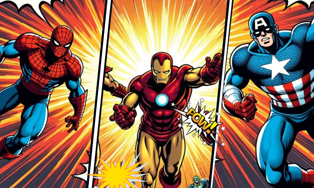 Comic-style illustration of Spider-Man, Iron Man, and Captain America bursting forward from a central explosion with dramatic action lines.