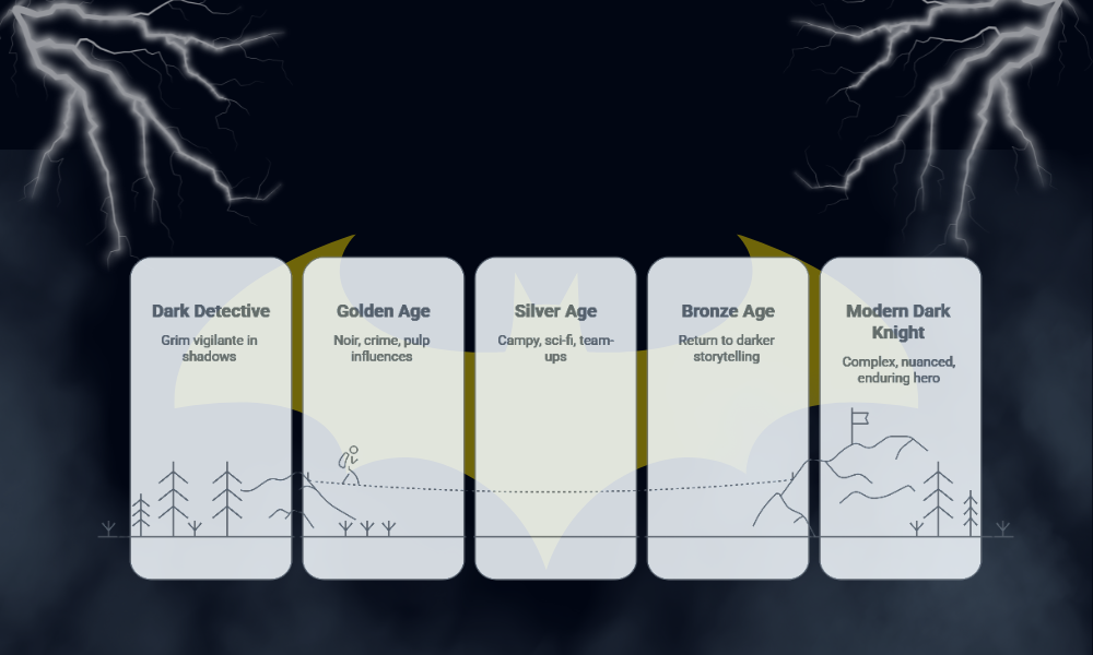Best Batman Comics for Beginners 2 A timeline with five panels, each labeled with a different Batman era—Dark Detective, Golden Age, Silver Age, Bronze Age, and Modern Dark Knight—set against a stormy background with lightning.