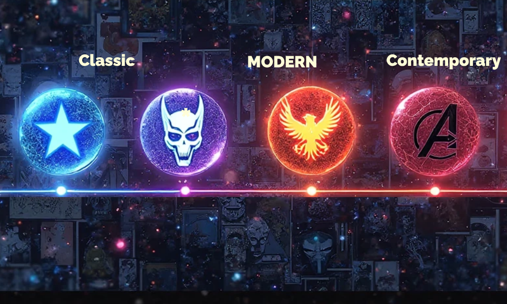 Stylized horizontal timeline showing three eras of Marvel crossover events—Classic, Modern, and Contemporary—represented by glowing orbs with thematic icons: a star for Classic, a skull and phoenix for Modern, and the Avengers ‘A’ symbol for Contemporary. Set against a cosmic background filled with comic panel art.