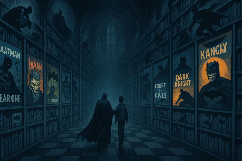Best Batman Comics for Beginners 18 Dark library scene with two figures walking, surrounded by bookshelves displaying Batman-themed posters. Atmosphere is mysterious and dramatic.