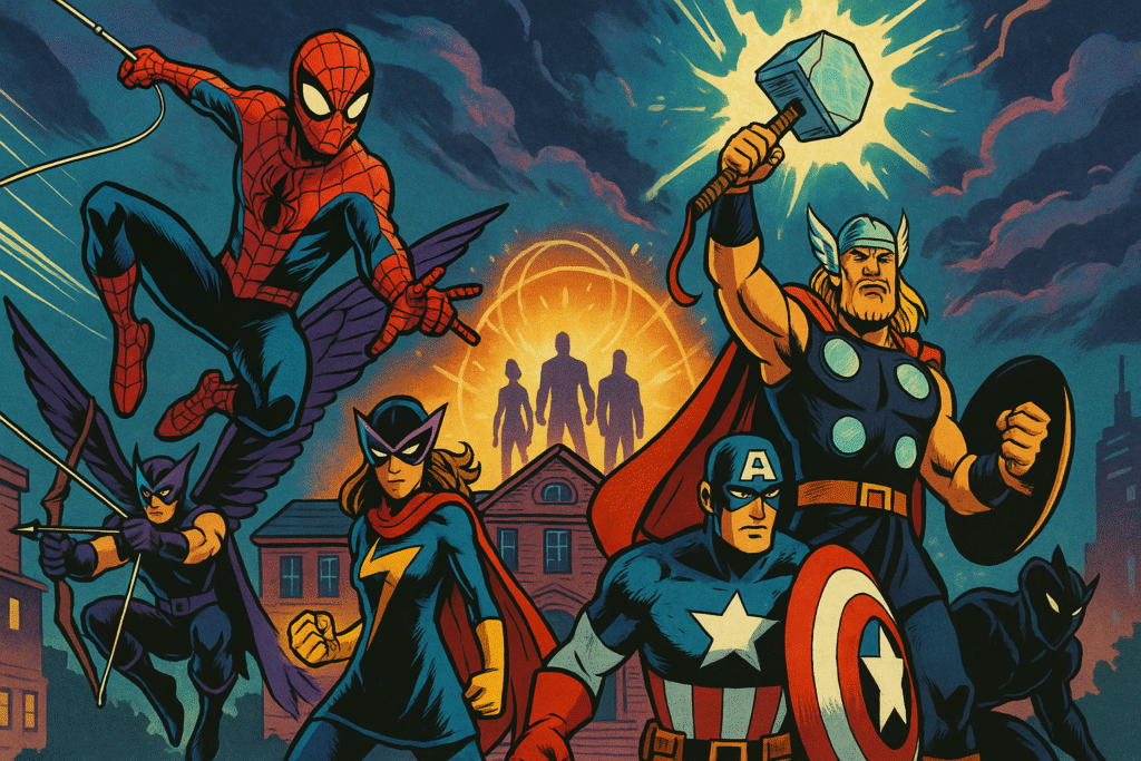 Comic-style superhero team ready for action — symbolic intro to Marvel comics