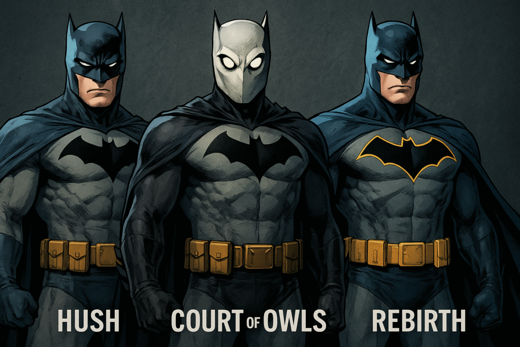 Best Batman Comics for Beginners 11 Three versions of a superhero stand side by side. The left and right wear dark cowls and capes, while the middle one has a white mask. Text below reads "Hush," "Court of Owls," and "Rebirth." The mood is intense and heroic.