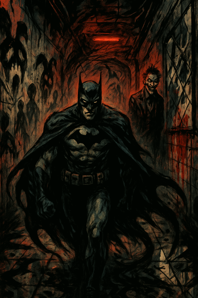 Best Batman Comics for Beginners 15 Dark hallway scene with Batman walking forward, wearing a black suit and cape. Shadows of figures line the walls, evoking mystery and tension.
