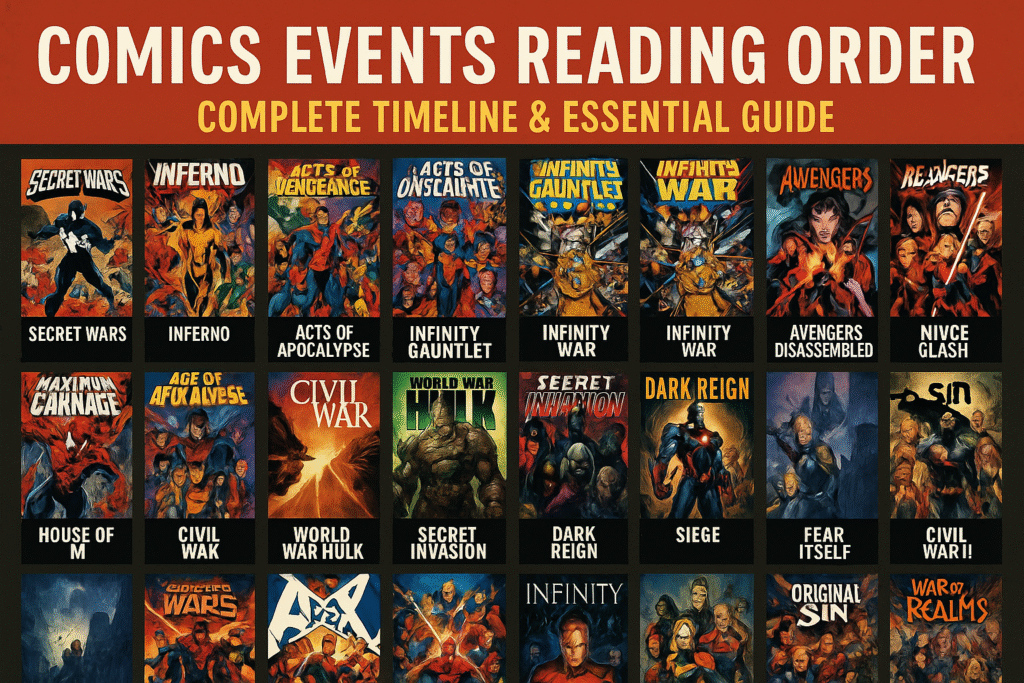 A wide infographic titled "Comics Events Reading Order: Complete Timeline & Essential Guide" displaying 25 iconic comic book event covers. Featured titles include Secret Wars, Civil War, Infinity Gauntlet, Secret Invasion, House of M, and more. Each cover is labeled in bold text and arranged in rows, offering a chronological visual guide to essential crossover storylines.
