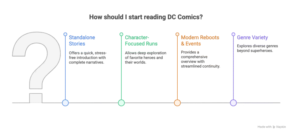 Best DC Comics for Beginners: A Detailed Guide 2 "Infographic titled 'How should I start reading DC Comics?' lists four options: Standalone Stories, Character-Focused Runs, Modern Reboots & Events, and Genre Variety, each with brief explanations. A large question mark adds emphasis."