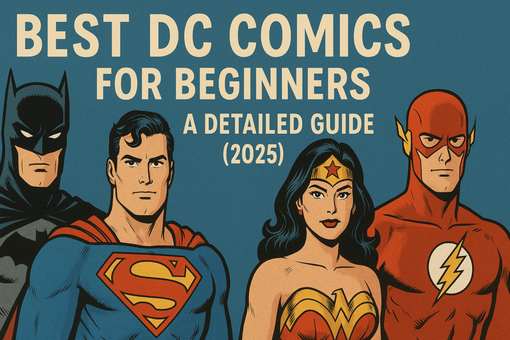 Best DC Comics for Beginners: A Detailed Guide 1 Stylized poster of Batman, Superman, Wonder Woman, and The Flash with text: "Best DC Comics for Beginners: A Detailed Guide (2025)." Retro comic art style.