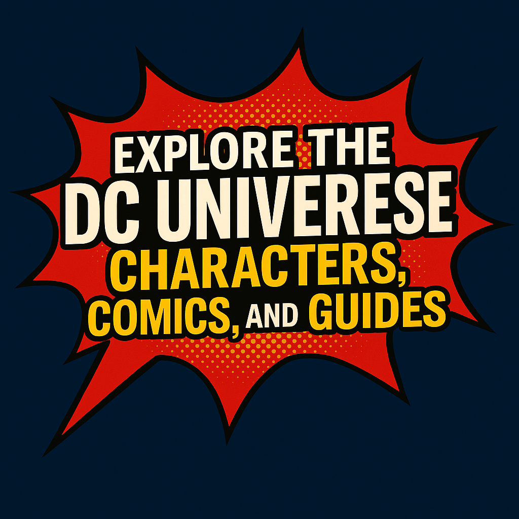 DC Hub 1 Bold text in a comic-style explosion graphic on a dark blue background reads: "Explore the DC Universe: Characters, Comics, and Guides." Vibrant and dynamic tone.