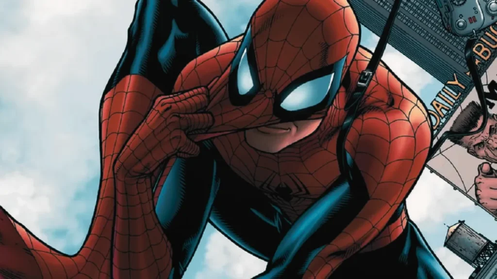 Spider-Man Character Hub 1 Comic-style illustration of Spider-Man swinging through the city. He is crouched with one hand adjusting his mask. The sky and a billboard are in the background.
