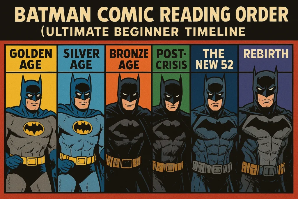 Batman Comic Reading Order (Ultimate Beginner Timeline) 1 Batman evolution chart showcasing six eras: Golden Age, Silver Age, Bronze Age, Post-Crisis, The New 52, and Rebirth. Each Batman has a unique costume.