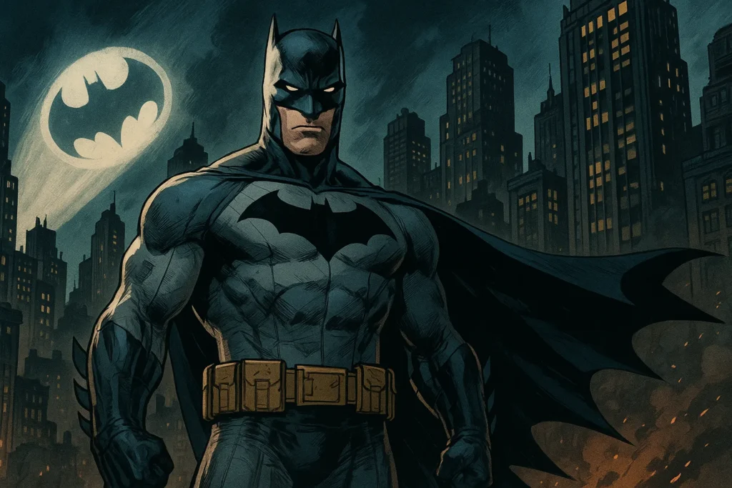Batman Comic Reading Order (Ultimate Beginner Timeline) 6 A dark-clad superhero stands with a determined expression against a city skyline at night. A spotlight projects his emblem in the sky, evoking mystery and vigilance.