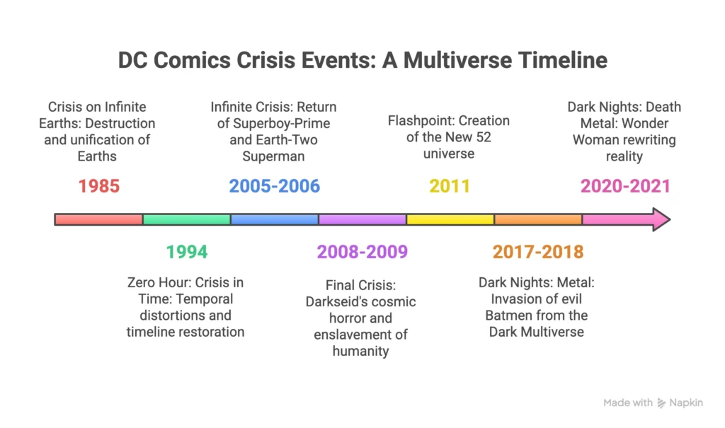 DC Crisis Reading Order: The Ultimate Guide 2 A timeline titled "DC Comics Crisis Events: A Multiverse Timeline" shows key events from 1985-2021, with colored sections for each crisis event.