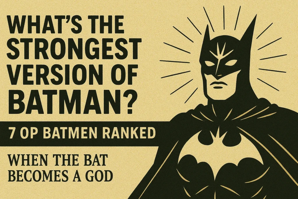 What’s the Strongest Version of Batman? 7 OP Batmen Ranked 1 Illustrated Batman with radiating lines, strong pose. Text asks "What's the strongest version of Batman?" in bold, dynamic comic book style.