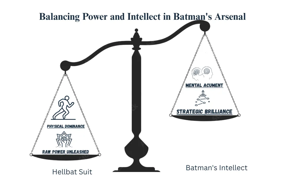What’s the Strongest Version of Batman? 7 OP Batmen Ranked 6 A balance scale titled "Balancing Power and Intellect in Batman's Arsenal." The left side shows "Hellbat Suit" with "Physical Dominance" and "Raw Power Unleashed," featuring a running figure and fist icon. The right side displays "Batman's Intellect" with "Mental Acumen" and "Strategic Brilliance," including brain and strategy icons. The scale is balanced.