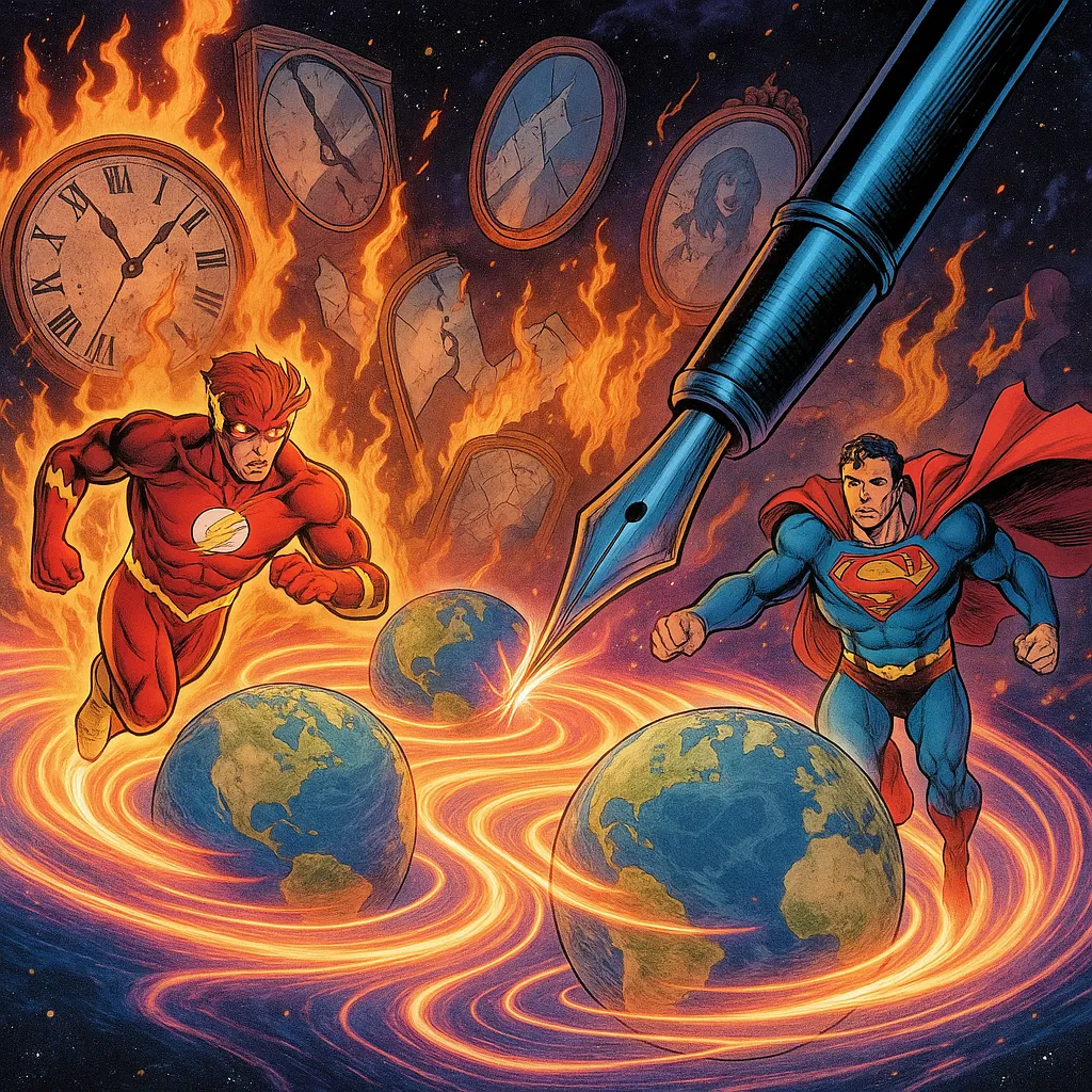 DC Crisis Reading Order: The Ultimate Guide 14 Superheroes run amid swirling planets and a large pen, surrounded by fiery clocks and portraits in a cosmic scene, conveying urgency and adventure.