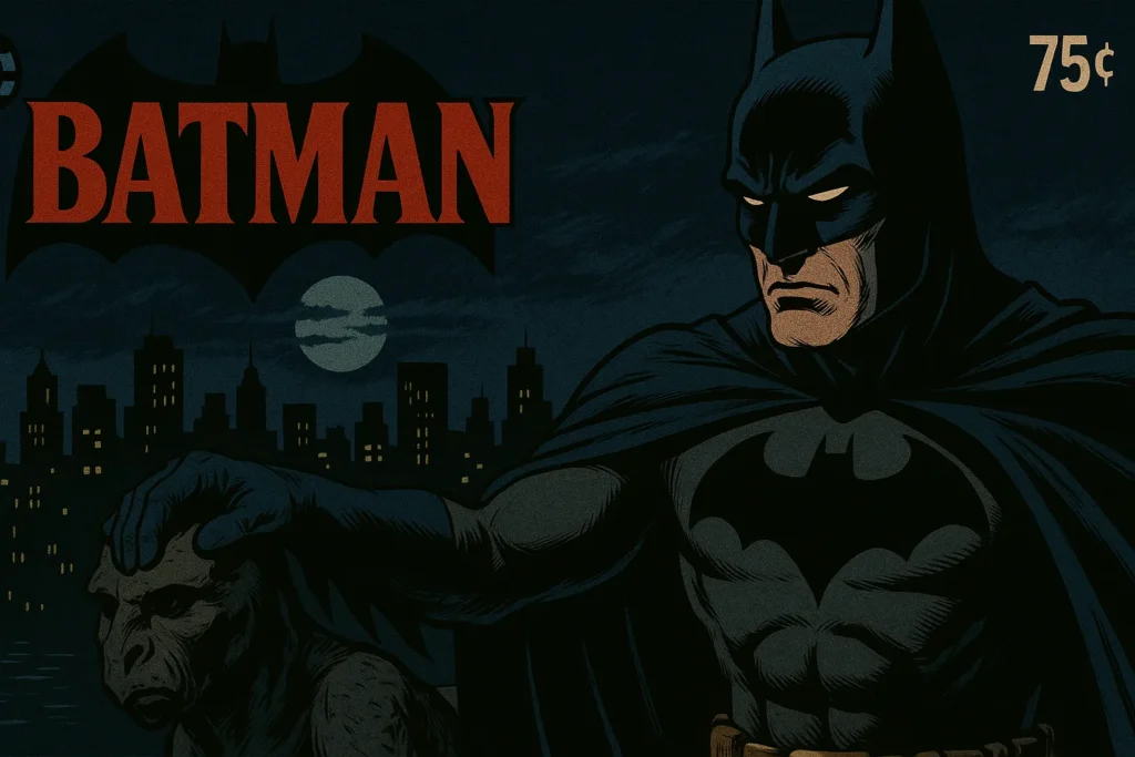 Batman Comic Reading Order (Ultimate Beginner Timeline) 5 Batman stands solemnly on a rooftop, hand on a gargoyle's head. Gotham's skyline and a full moon form a dramatic backdrop. Text reads "BATMAN" and "75¢."