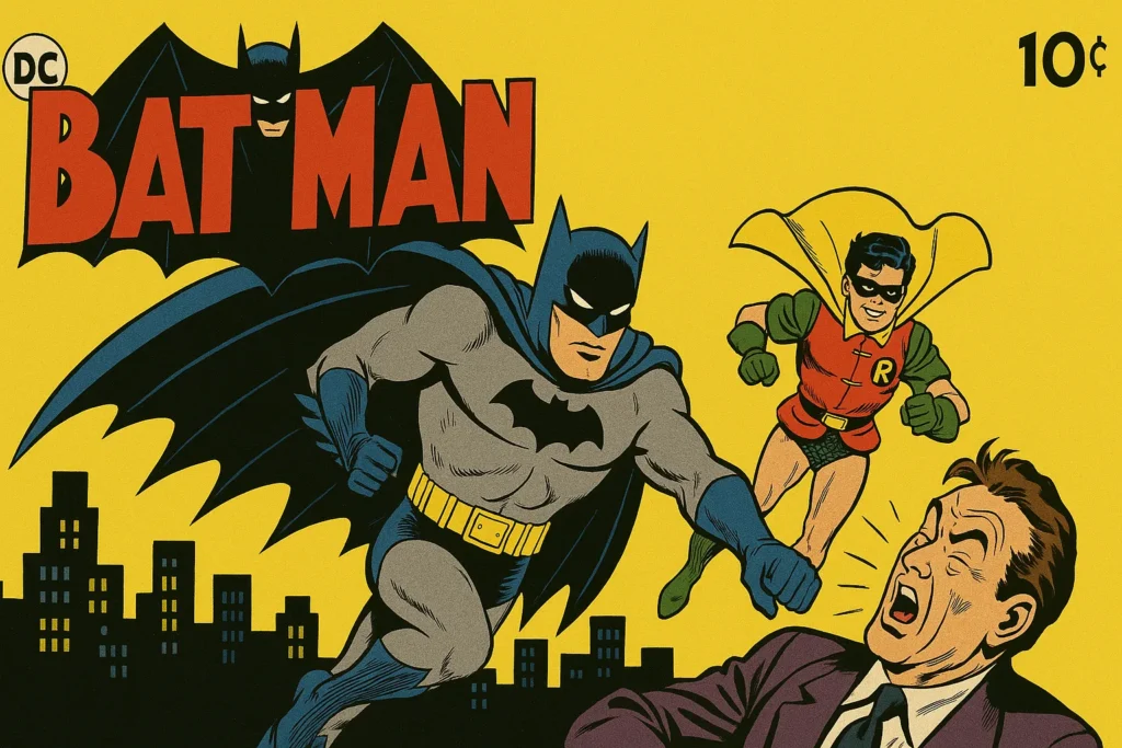 Batman Comic Reading Order (Ultimate Beginner Timeline) 3 Classic comic book cover with Batman and Robin in action against a villain. Batman punches with determination. Vintage, dynamic style, bold colors.