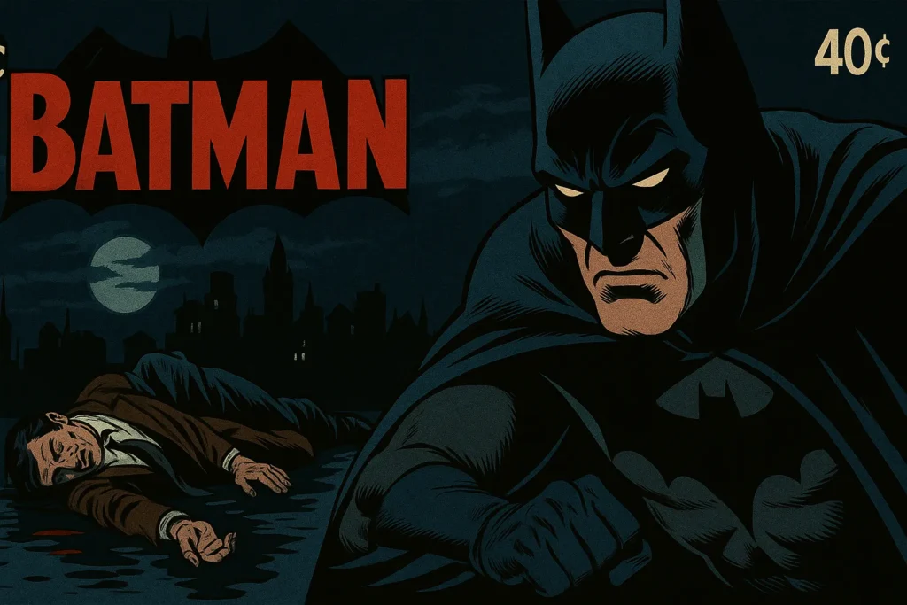 Batman Comic Reading Order (Ultimate Beginner Timeline) 4 Comic book cover featuring Batman crouched in the foreground, appearing serious. A cityscape and full moon cast a dramatic backdrop, with a man lying unconscious.