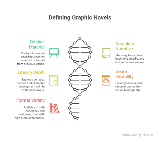 TPB vs Graphic Novel — What’s the Difference, Really? 3 "Infographic titled 'Defining Graphic Novels' with DNA helix in center. Left: Original Material, Literary Depth, Format Variety. Right: Complete Narrative, Genre Flexibility. Each section has an icon and brief description."