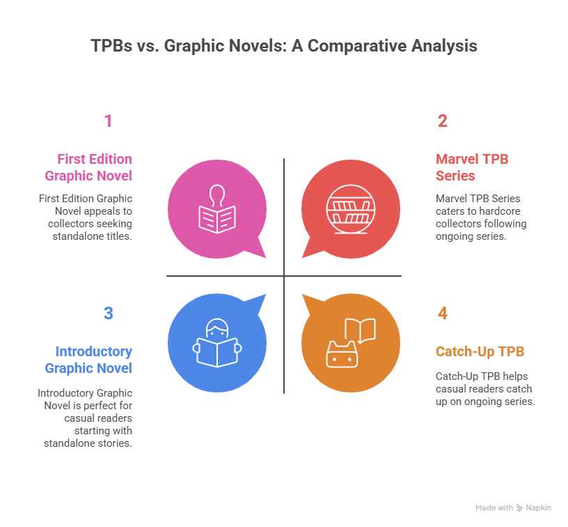 TPB vs Graphic Novel — What’s the Difference, Really? 5 Comparative analysis chart titled "TPBs vs. Graphic Novels" has four sections. Each section has a colorful icon with descriptions about graphic novel types.