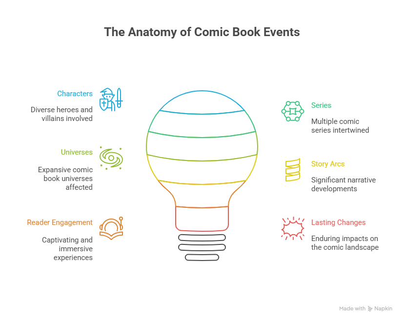 Alt text: Diagram of a lightbulb labeled "The Anatomy of Comic Book Events" with elements: Characters, Universe, Reader Engagement, Series, Story Arcs, and Lasting Changes.