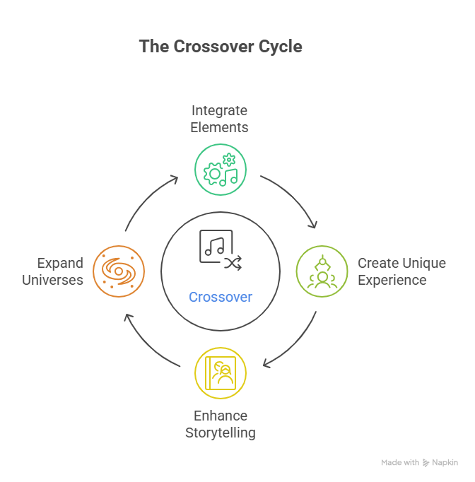 The diagram titled "The Crossover Cycle" shows a circular flow. It includes four stages: Integrate Elements, Create Unique Experience, Enhance Storytelling, and Expand Universes. Arrows connect each stage, surrounding a central “Crossover” icon.