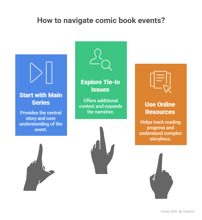 Infographic titled 'How to navigate comic book events?' with three colored sections: blue for 'Start with Main Series', green for 'Explore Tie-In Issues', and orange for 'Use Online Resources'. Each section has an icon and a pointing hand below it. The tone is instructional and informative."