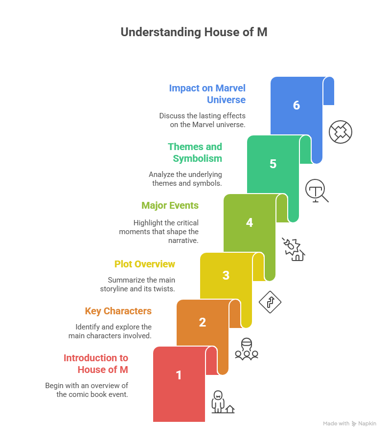 Six-step infographic titled "Understanding House of M," featuring a colorful, upward staircase design. Each step explores topics like introduction, key characters, plot overview, major events, themes, and impact.
