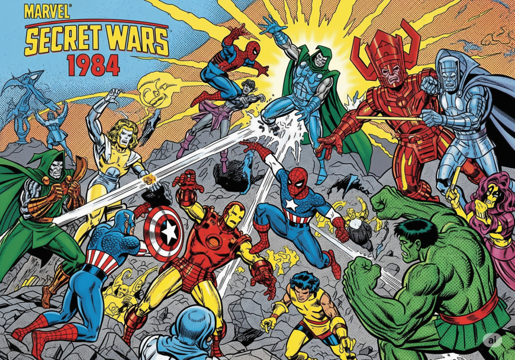 Comic-style illustration of Marvel heroes and villains battling on Battleworld during Secret Wars (1984), drawn in retro 1980s comic style with bold ink and halftone textures.