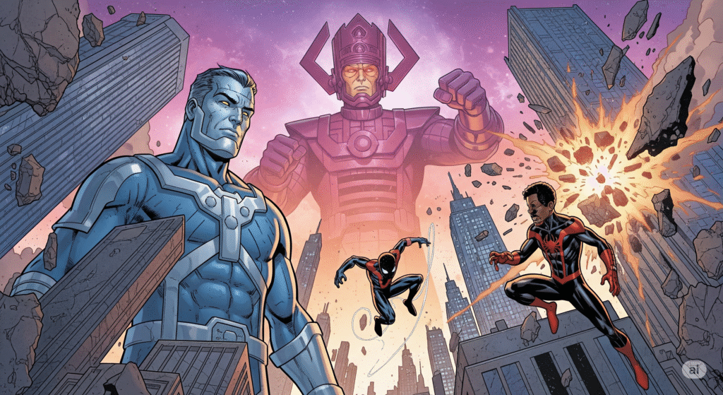 Comic-style illustration of the Final Incursion between Earth-616 and Earth-1610, featuring The Maker, Miles Morales, and Galactus, in high-resolution Marvel comic style.