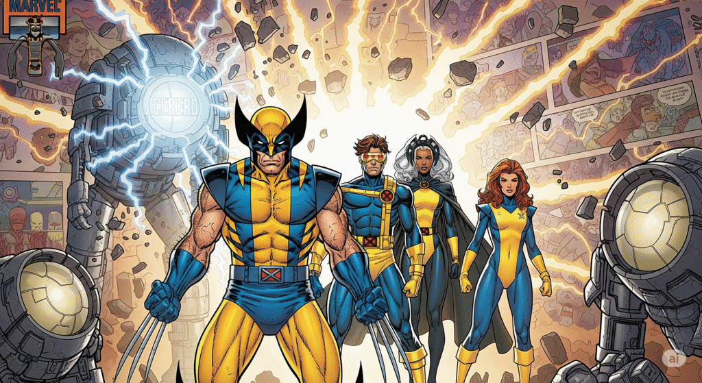 Comic book cover style illustration of the X-Men, featuring Wolverine in his classic yellow and blue suit as the central character, with Cyclops, Storm, and Jean Grey in the background against a detailed, action-filled backdrop inspired by Marvel covers.