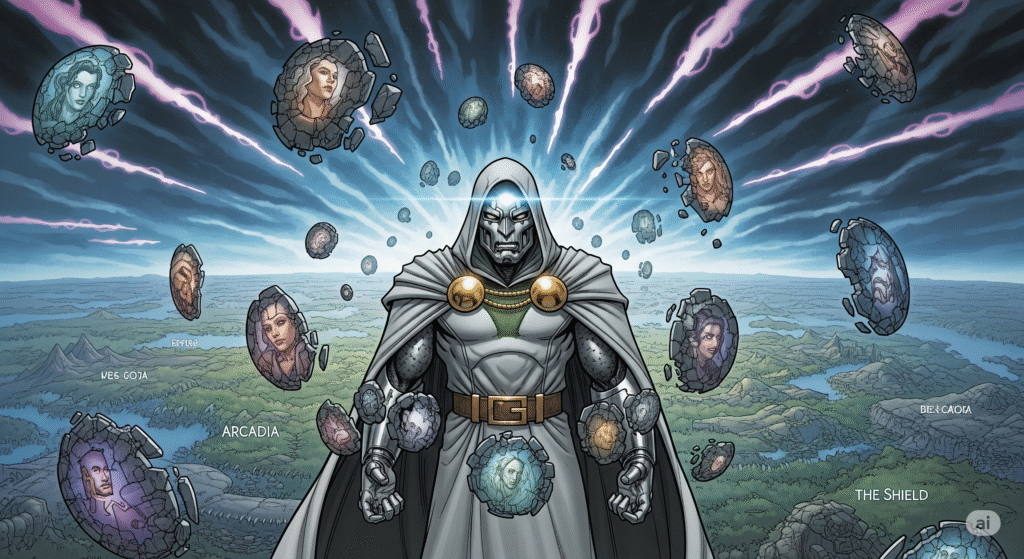 Comic-style illustration of God Emperor Doom overseeing Battleworld in Secret Wars (2015), surrounded by fragments of collapsed universes and stitched-together domains, drawn in modern Marvel comic realism.