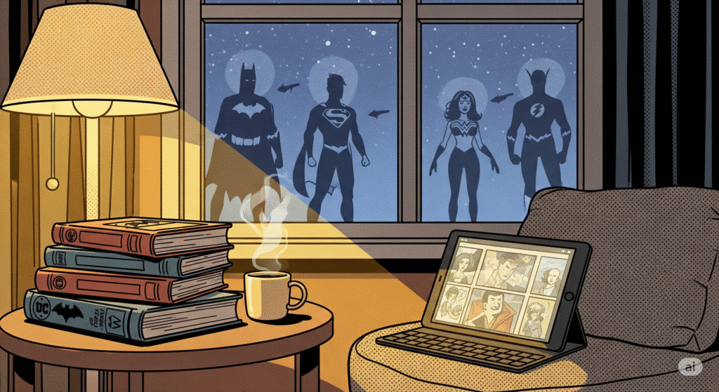 Comic panel style illustration of a cozy reading nook with a stack of DC trade paperbacks, a glowing tablet open to digital comics, and a coffee mug on a side table. Faint silhouettes of DC heroes are projected in the night sky through the window, symbolizing guidance for new readers.
