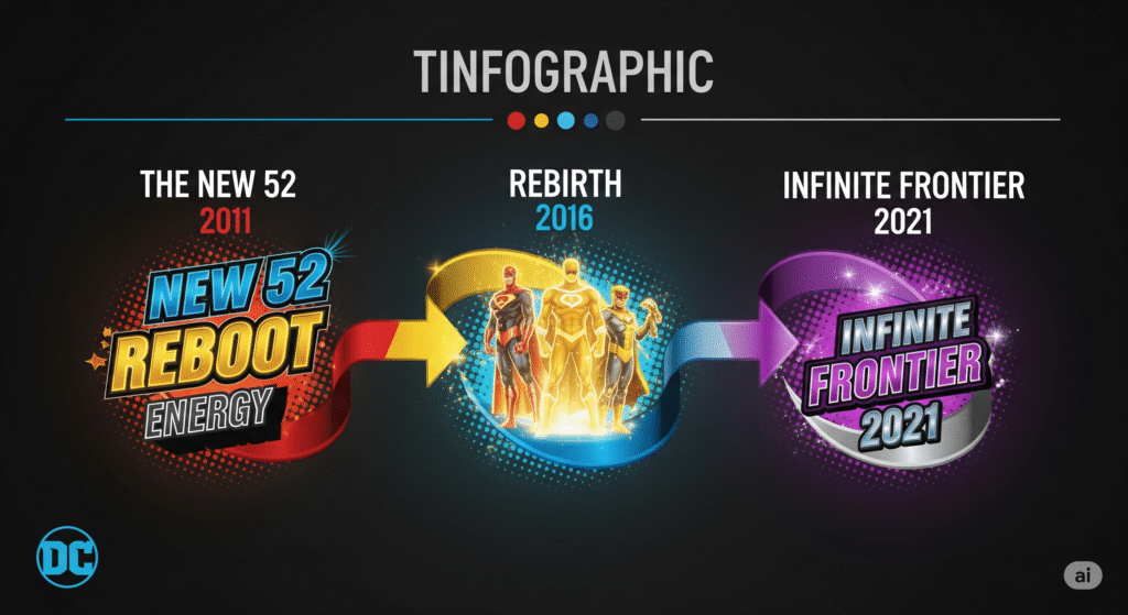 Comic book style timeline infographic showing three major DC eras: The New 52 in 2011 with bold reboot energy, Rebirth in 2016 glowing with legacy heroes returning, and Infinite Frontier in 2021 with the multiverse expanding outward. Clean vector design with colorful labels and arrow flow.