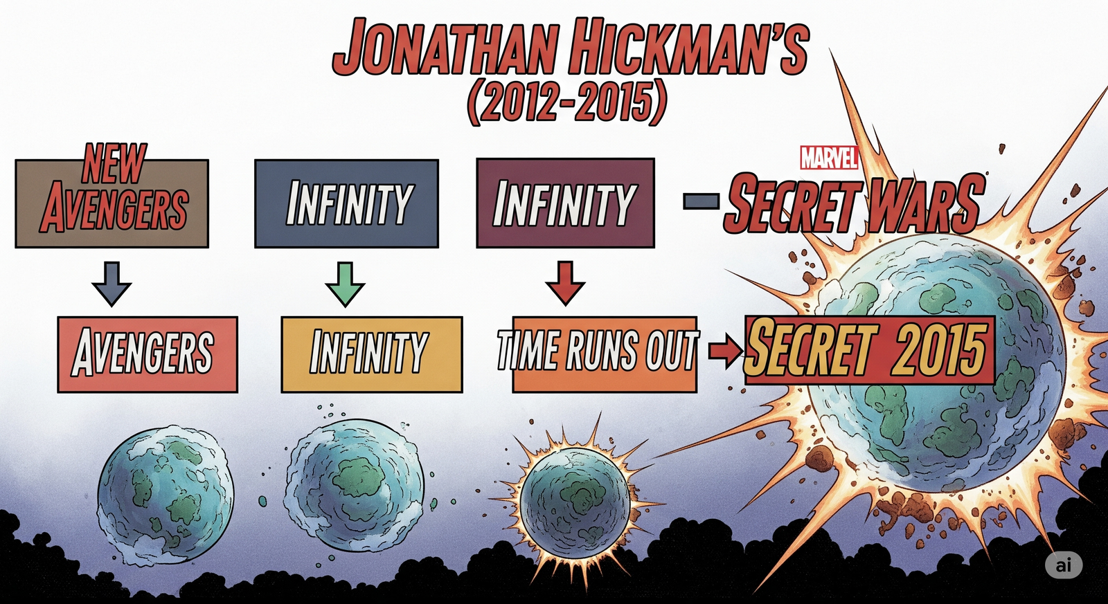 Comic-style infographic timeline of Jonathan Hickman’s Avengers run (2012–2015), with labeled arcs including New Avengers, Infinity, and Time Runs Out, leading directly into Secret Wars 2015. Illustrated with Earths colliding in the background in colorful Marvel comic style.