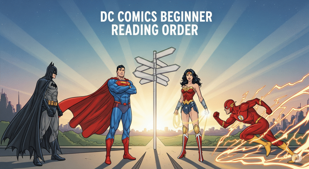 A comic book–style illustration of Batman, Superman, Wonder Woman, and The Flash standing at a crossroads with multiple signposts pointing in different directions. Bright modern comic art, dynamic composition, clear space above for blog title overlay.