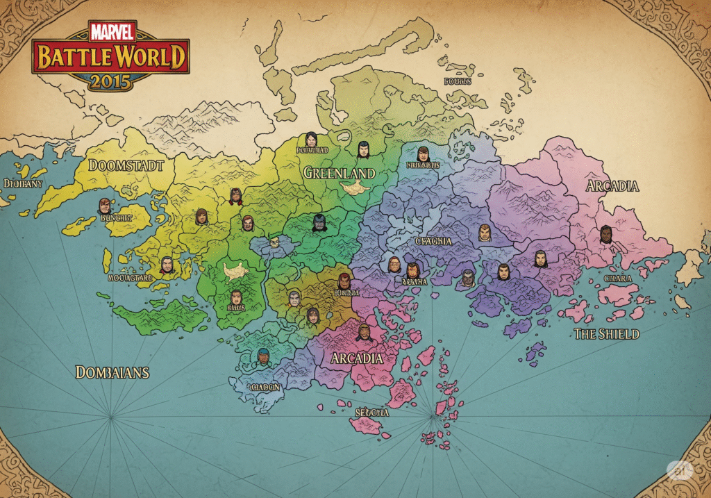 Comic-style fantasy map of Marvel’s Battleworld from Secret Wars 2015, showing domains such as Doomstadt, Greenland, Arcadia, and The Shield, illustrated with parchment texture, colored regions, and small character icons for clarity.
