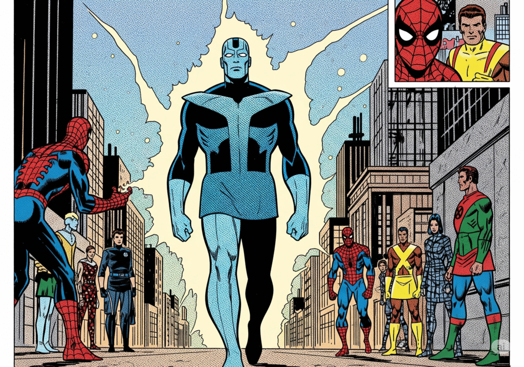 Comic-style illustration of the Beyonder in human form exploring Earth during Marvel’s Secret Wars II (1985), with Spider-Man and the X-Men observing him in a retro 1980s comic book style.
