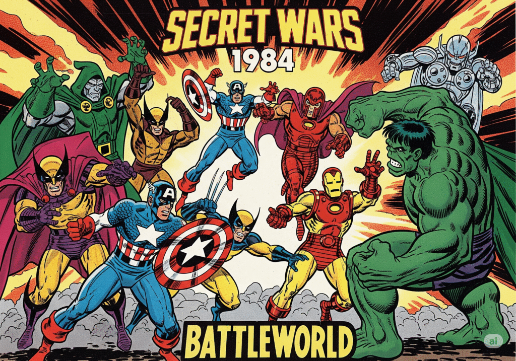 1980s Marvel comic-style illustration of Secret Wars 1984, showing Captain America, Wolverine, Iron Man, Hulk, and Magneto battling Doctor Doom, Ultron, and other villains on Battleworld, with retro colors, halftone textures, and dramatic action poses.