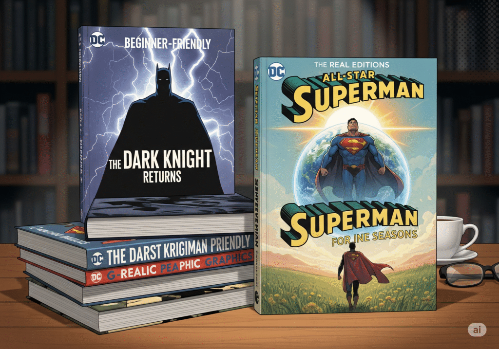 A realistic comic-style illustration of a stack of DC Comics graphic novels on a table, featuring covers inspired by The Dark Knight Returns, All-Star Superman, and Superman for All Seasons, with a spotlight effect highlighting the books against a minimal background.
