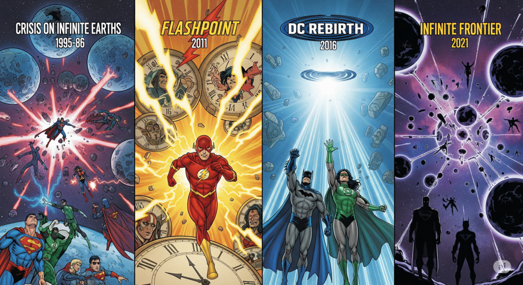 Comic book style split-panel illustration showing four key DC events: Crisis on Infinite Earths with multiple Earths colliding, Flashpoint with The Flash racing through a collapsing timeline, DC Rebirth with heroes rising in glowing light, and Infinite Frontier with an expanding multiverse. Bold colors, dramatic tone, infographic layout.