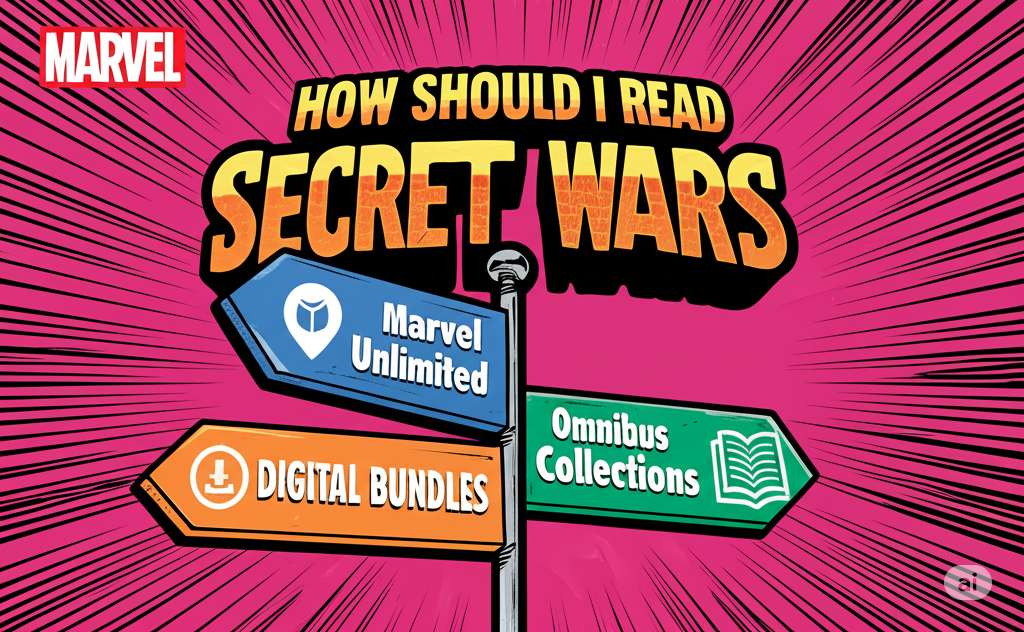 Comic-style infographic showing a signpost with three arrows labeled Marvel Unlimited (blue), Digital Bundles (orange), and Omnibus Collections (green). Designed with bold Marvel comic fonts, halftone textures, and dynamic action-line background, with the Marvel logo placed in the top-left corner like a comic publisher stamp.
