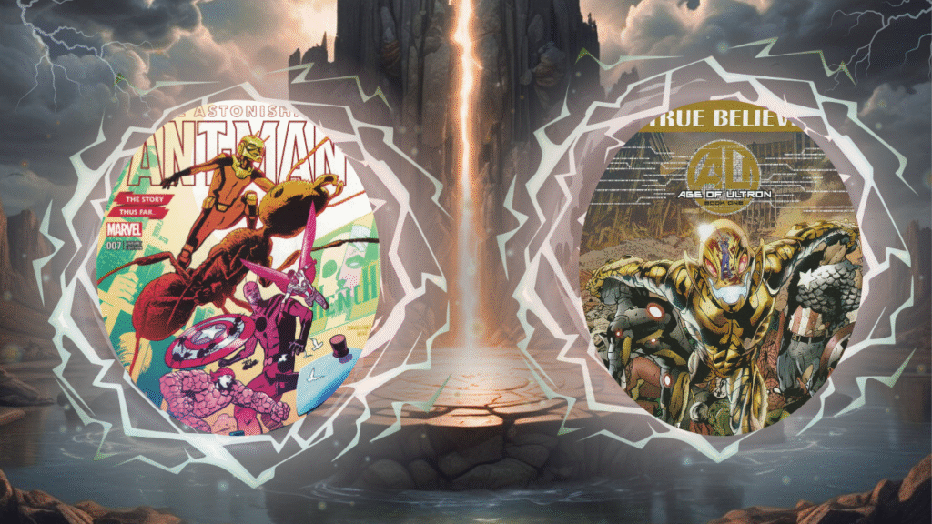 Comic book covers featuring Ant-Man on the left and a golden robot from Age of Ultron on the right, set against a mystical backdrop with lightning.