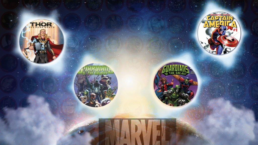Comic book covers of Thor, Captain America, and Guardians of the Galaxy are displayed against a starry cosmic background. The Marvel logo is visible at the bottom, creating an epic, adventurous tone.