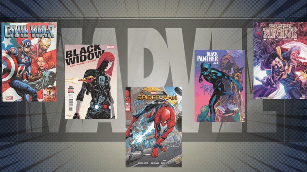A collage of five Marvel comic covers featuring Captain America, Black Widow, Spider-Man, Black Panther, and Doctor Strange. Background has a large, faded Marvel logo.