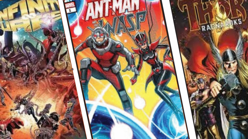 Comic book covers featuring action-packed scenes: "Infinity Wars" with dynamic battles, "Ant-Man and The Wasp" showcasing the duo in heroic poses, and "Thor: Ragnarok" with Thor ready for battle.
