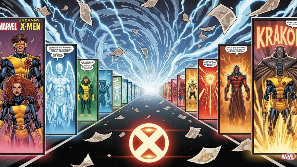 Comic style illustration of the X-Men’s journey from Uncanny X-Men #1 to the Krakoa Era with glowing panels and X logo